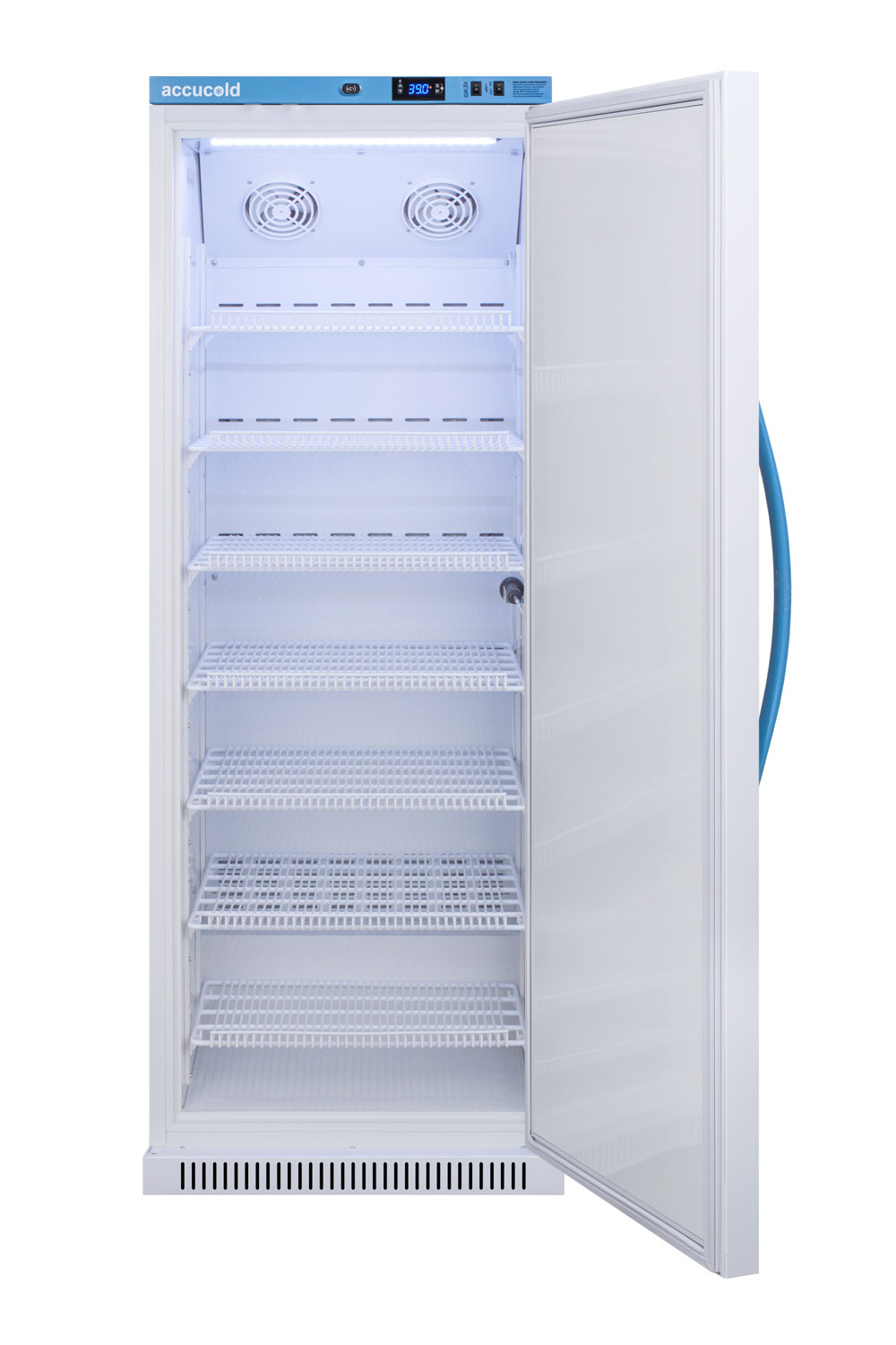 Purpose-built all-refrigerator for breast milk storage with 7 adjustable shelves, antimicrobial silver-ion handle, and hospital grade cord with 'green dot' plug